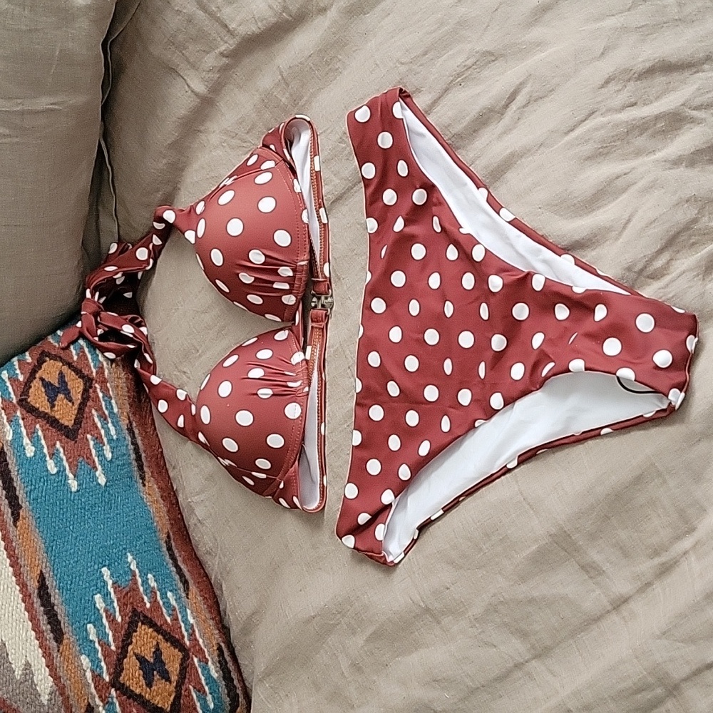 Shein Brown/white Polka dot bikini, tie halter neck Medium
